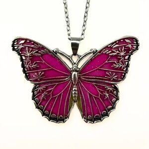 Necklace Rose Butterfly Oil Drop Enamel Rose Sparkle Antique Silvery Finish